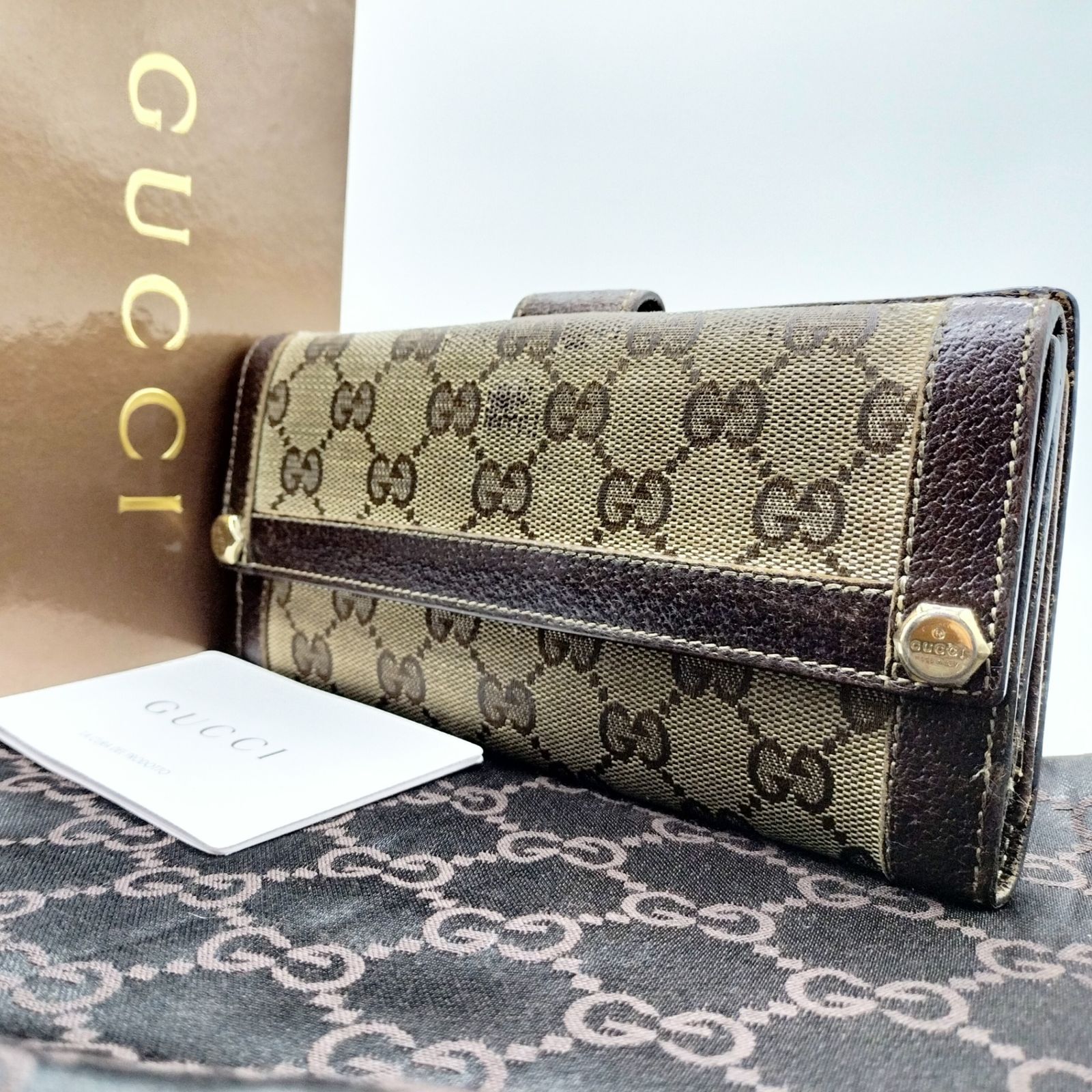 GUCCI✨長財布 GGキャンバス ロゴ金具 ブラウン ホワイト メンズ