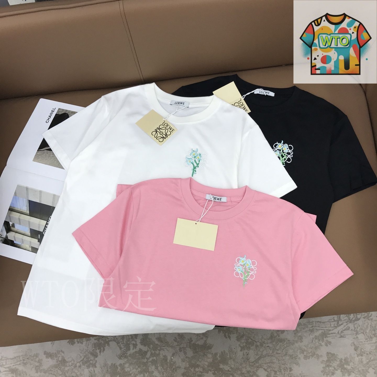 今日特価】Loewe 刺繍花束微辺 丸首ショートスリーブ T シャツ-2