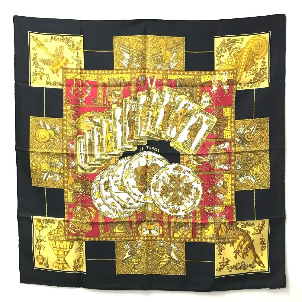【HERMES】エルメス シルクスカーフ カレ90 バベルの川ブラックゴールド 名作 美品 エルメス シルクスカーフ カレ90 バベルの川 ブラック