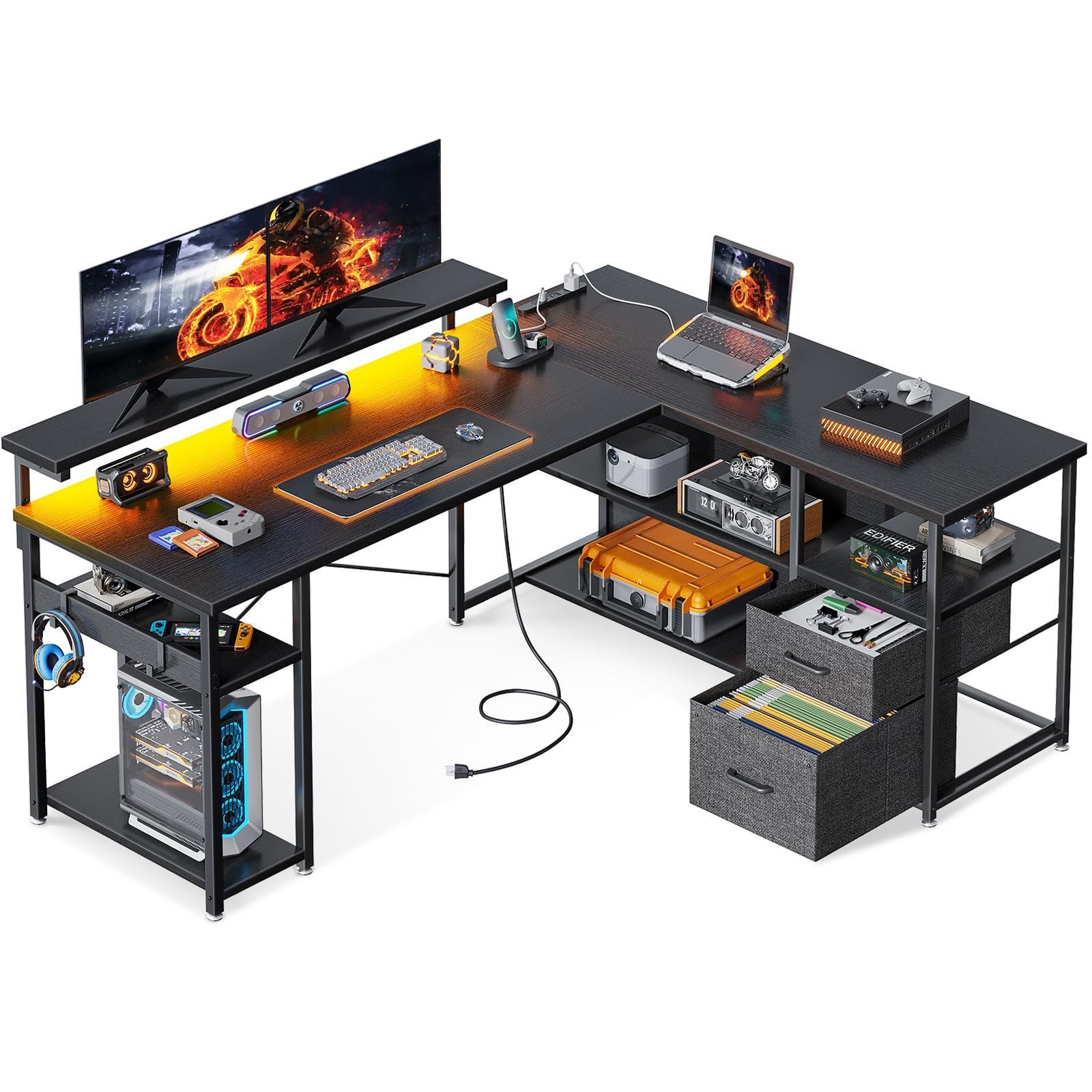 人気商品】棚付き 幅135cm pcデスク 机 コーナーデスク デスク 収納 l