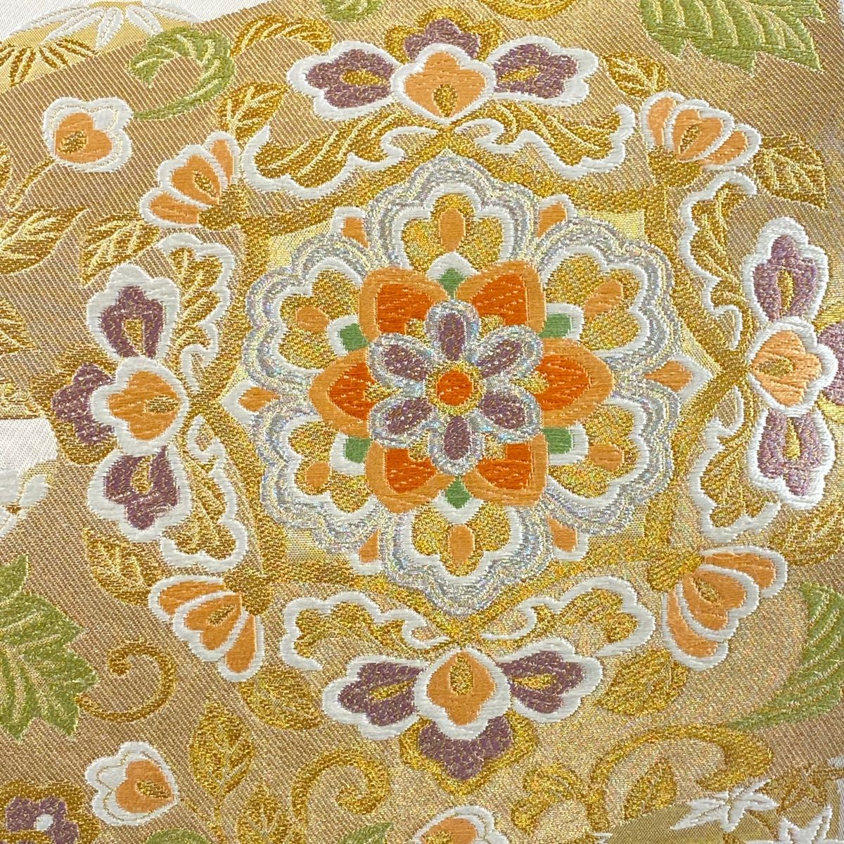 袋帯 秀品 服部織物 落款 華文 花丸文 唐織 箔 ベージュ 六通
