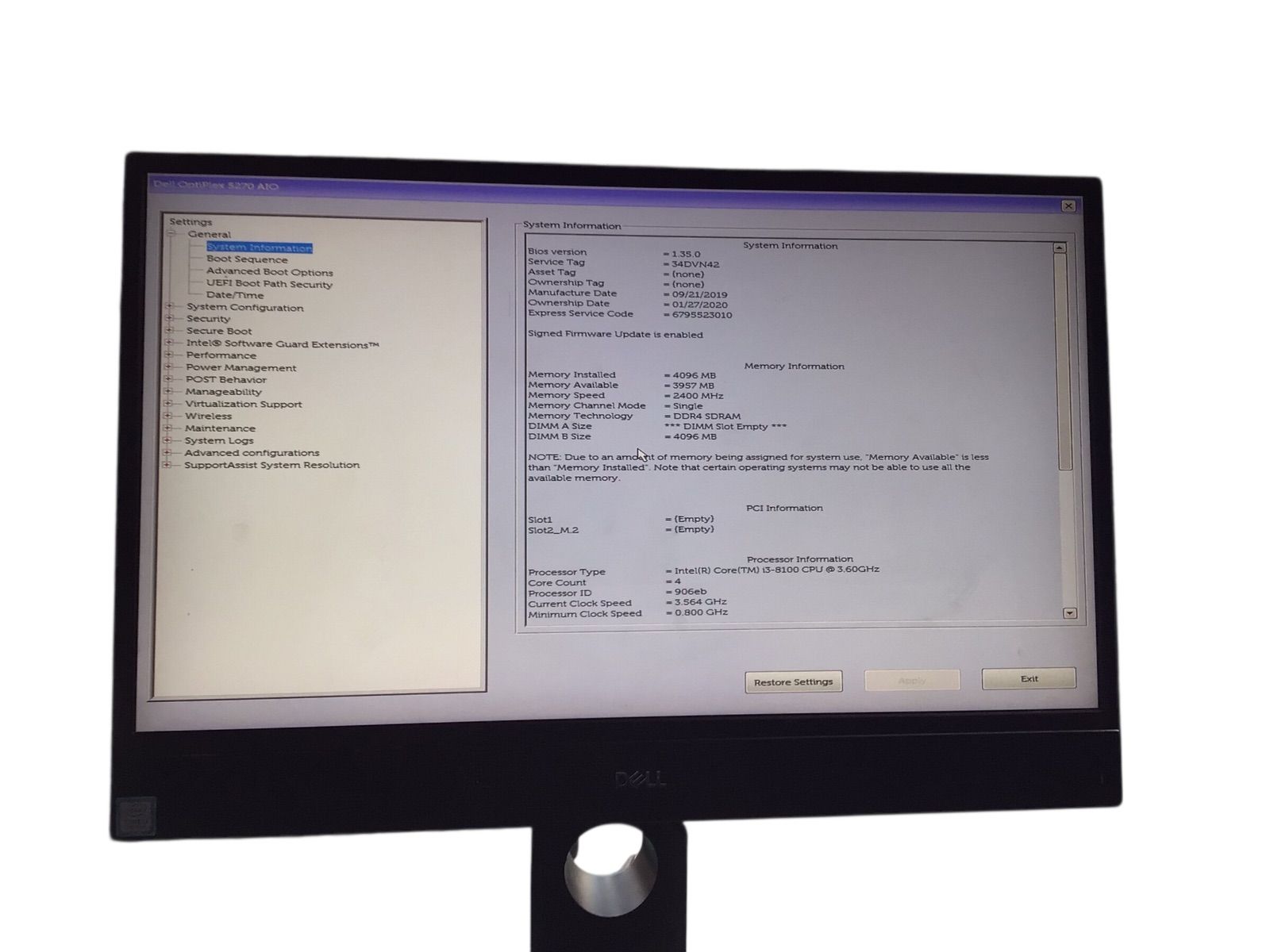 DELL OptiPlex 5270 AIO| CPU CORE i3-8100| メモリ4096MB| ストレージ無し番号E23