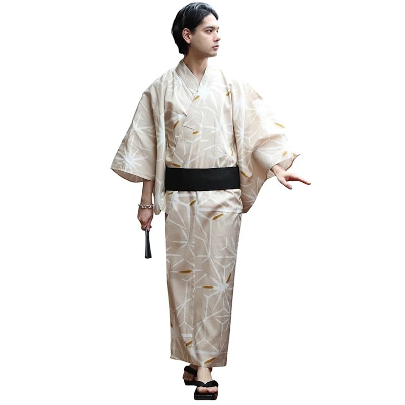8 eight エイト 和柄 総柄 浴衣 3点セット メンズ 浴衣 帯 下駄 コットン 破れ麻の葉キナリLL