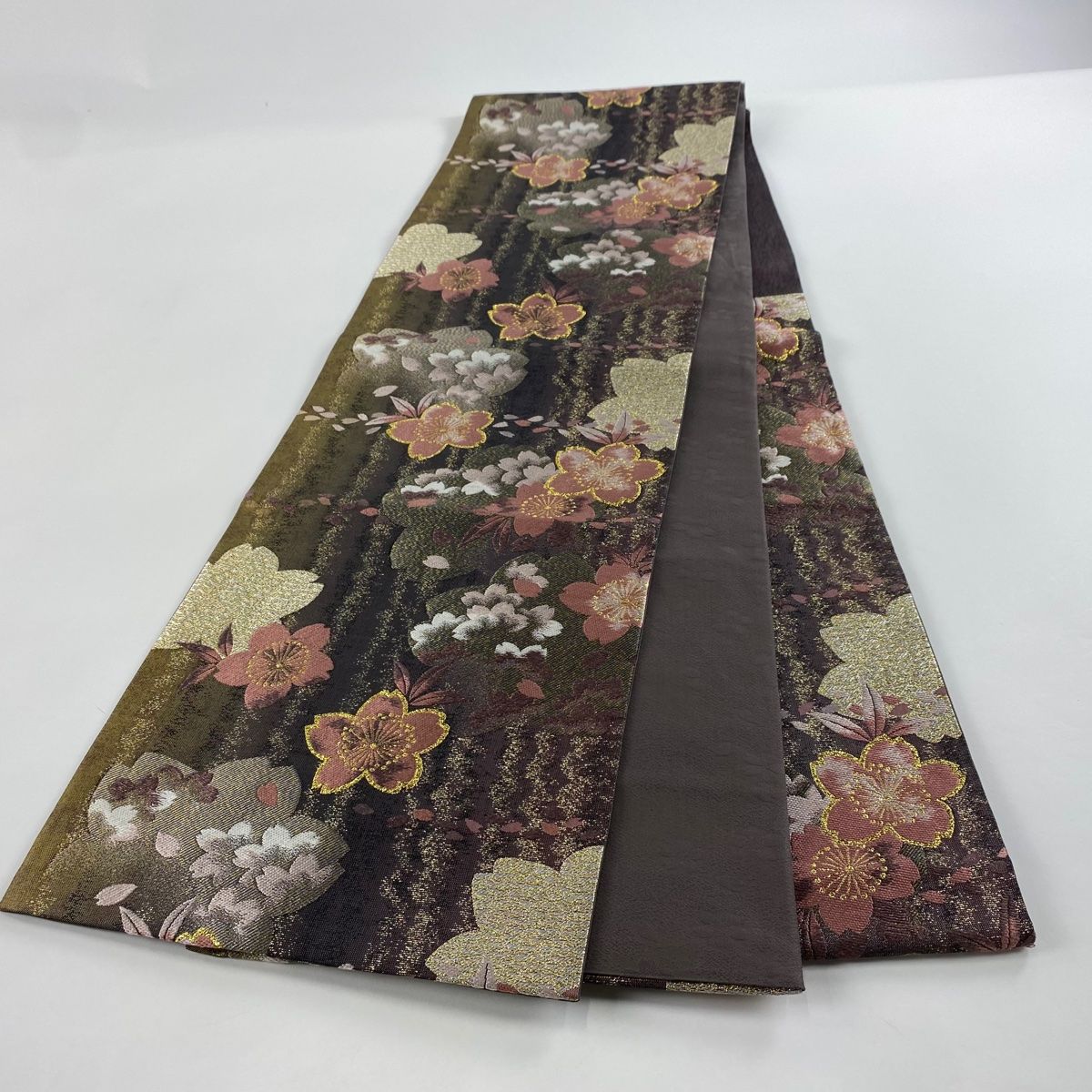 袋帯 美品 秀品 やまと 桜 金銀糸 箔 茶紫 六通 正絹 【中古