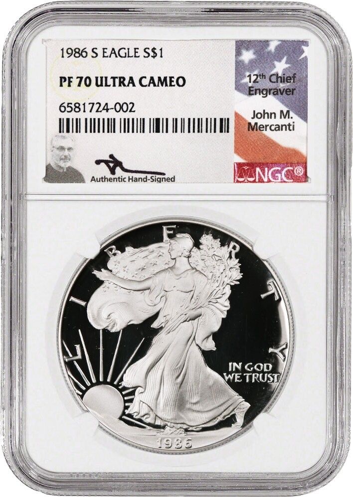 1986 S $1 Proof Silver American Eagle NGC PF70 UC John Mercanti Signature Label