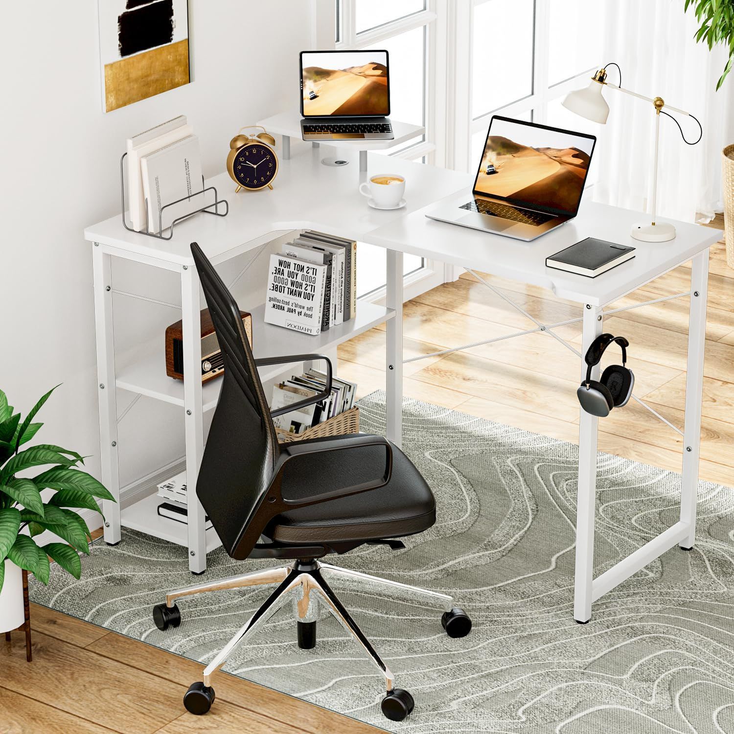 L字コンピュータデスク 幅110cm ホワイト 左棚