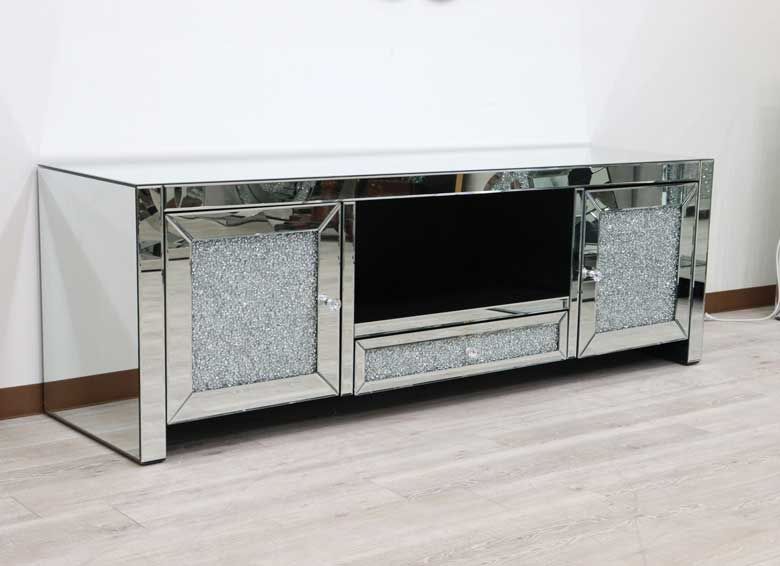 ミラー家具 テレビボード 180cm シルバー ローキャビネット ラインストーン ミラー家具 テレビボード 180cm シルバー ローキャビネット ラインストーン