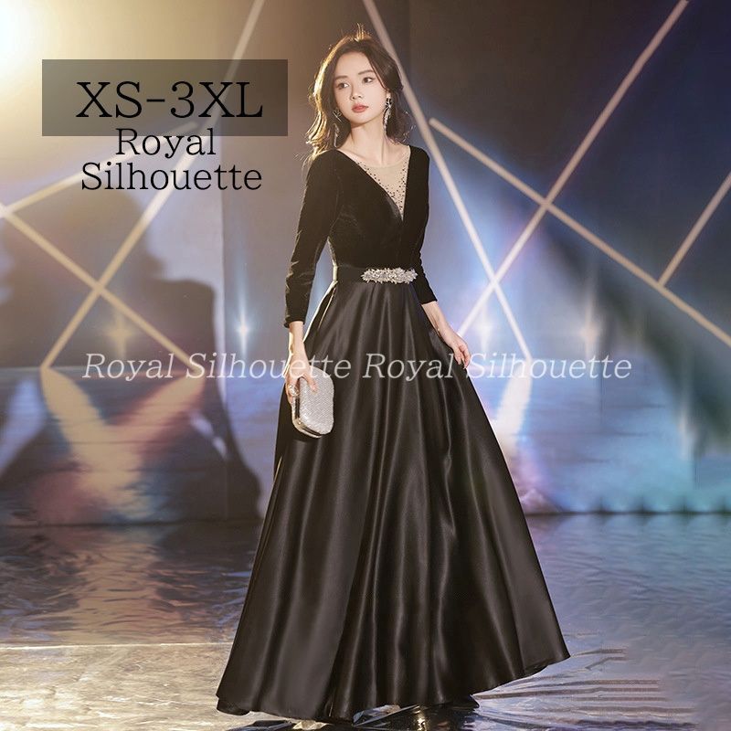 イブニングドレス パーティードレス ブラック 黒 七分袖 ナイトドレス 大きいサイズ 謝恩会ドレス 結婚式 XS S M L XL LL 2XL XXL 3XL XXXL 姫系 発表会 プリンセス ガーリー シンプル パーティー 紐タイプ