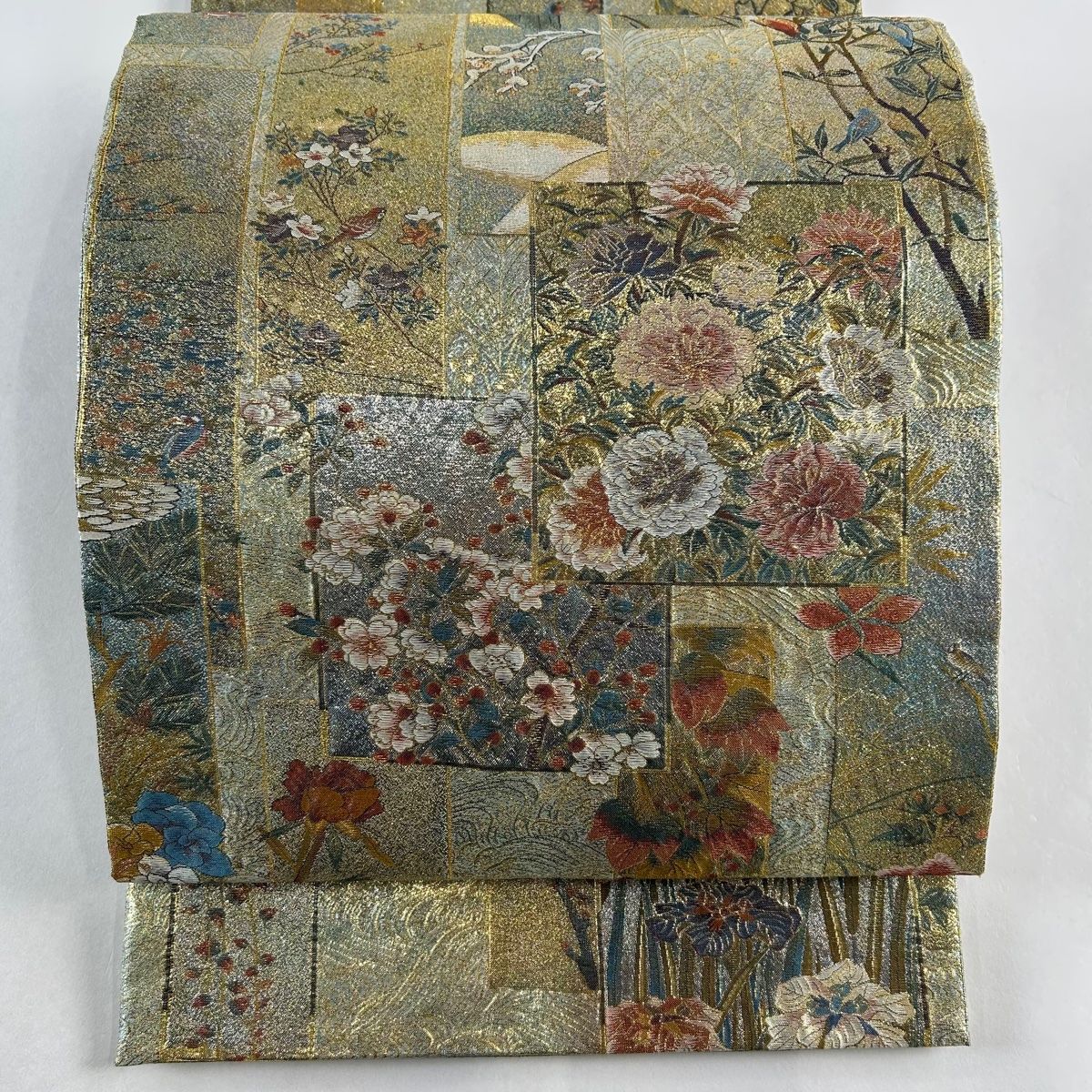 袋帯 名品 色紙 花鳥 箔 金糸 青灰色 お太鼓柄 正絹