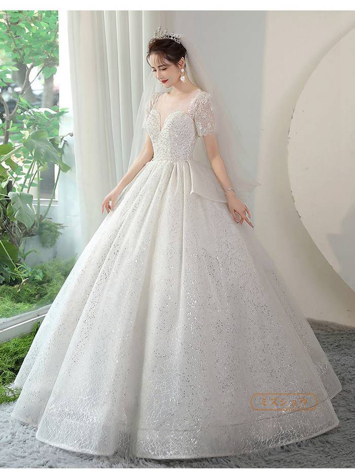 ウェディングドレスAライン花嫁ドレス編み上げ花嫁結婚式ドレス白二次会ドレス二次会前撮り二次会ウエディングドレスキラキラ