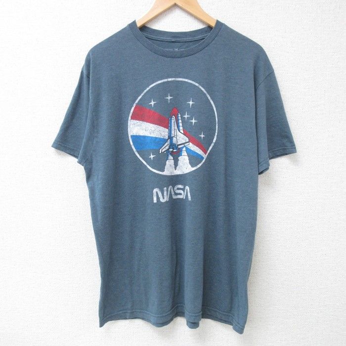 L/古着 半袖 Tシャツ メンズ NASA クルーネック 薄紺 ネイビー 霜降り 24jul03 中古