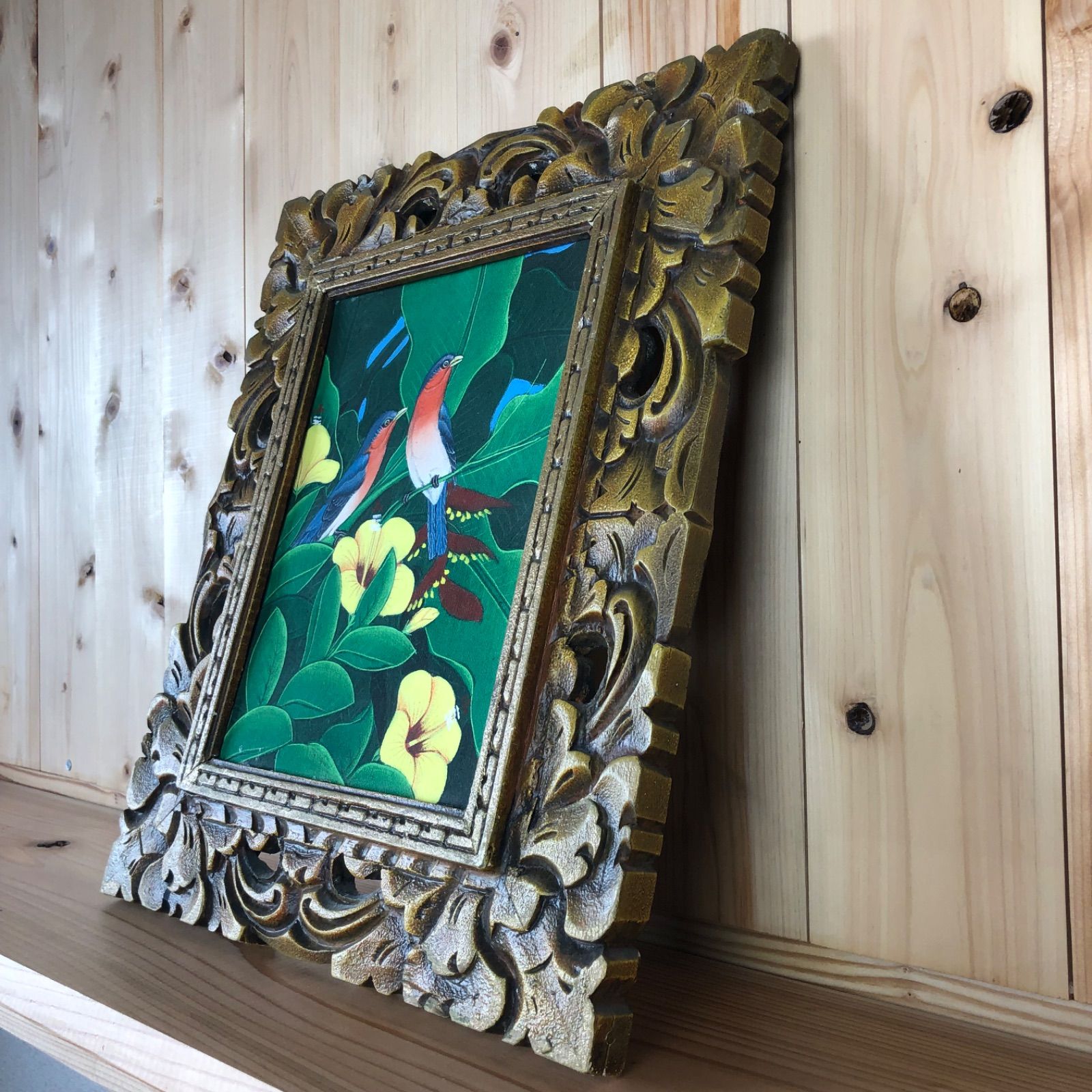 バリ島　絵画B 　真贋証明書付き ② バリアート バリ島 アジアン雑貨 額付花鳥画 自然 鳥 花 バリ