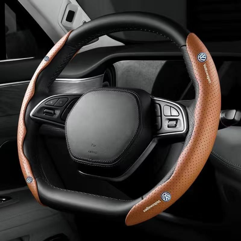 フォルクスワーゲンブラウンハンドルカバー ハンドル保護 専車ロゴ ステアリングカバー レザー 滑り止め D型 O型 分割 タイプ 2本セット aacn qtm