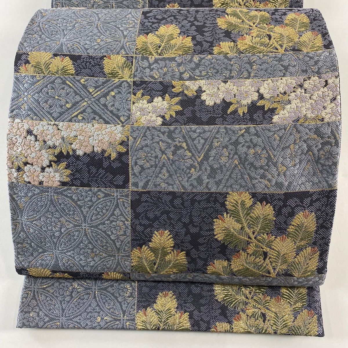 袋帯 秀品 若松 桜 金糸 唐織 青灰色 六通 正絹