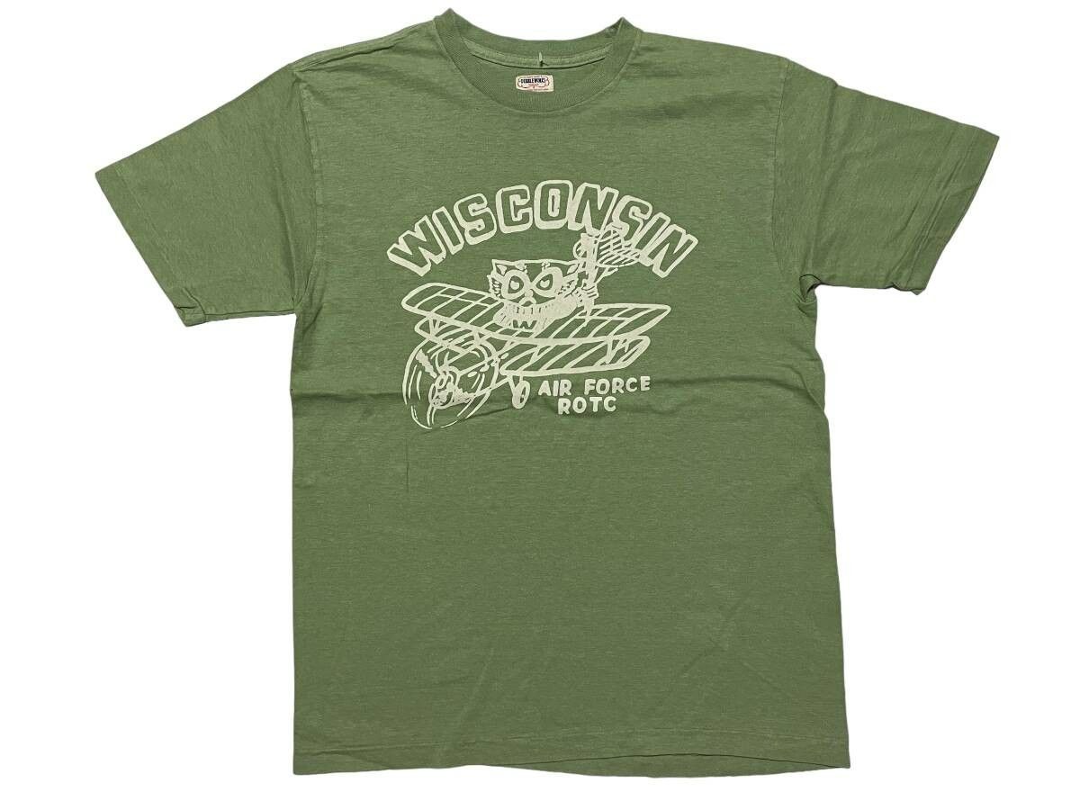 125 未使用品 Mサイズ WAREHOUSE ウェアハウス DOUBLEWORKS ダブルワークス Tシャツ 緑 フロッキープリント WISCONSIN AIR FORCE ROTC