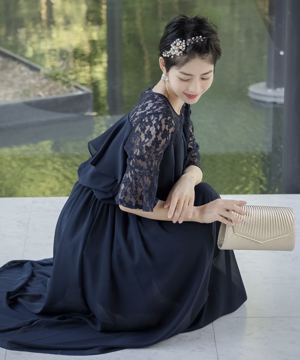 パーティードレス 結婚式 ドレス フリル シフォン 袖あり