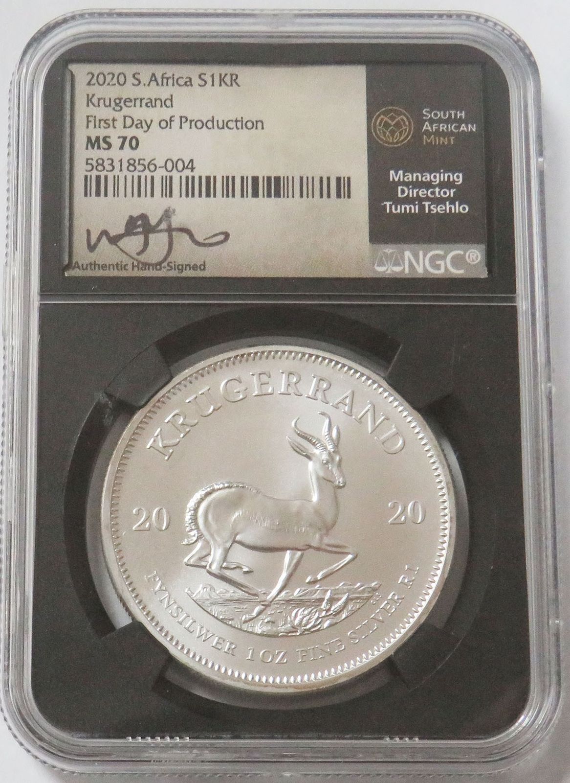 2020 SILVER SOUTH AFRICA KRUGERRAND NGC MS70 TUMI TSEHLO SIGNED FIRST DAY FDOP