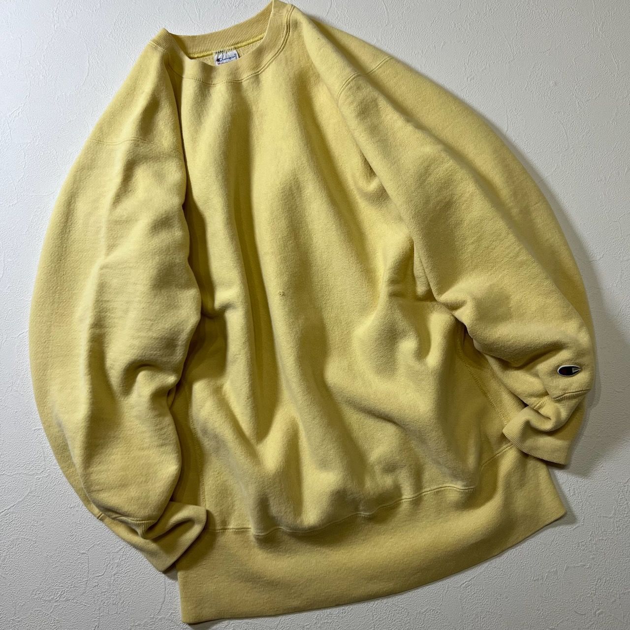 CHAMPION / チャンピオン | 90s ヴィンテージ REVERSE WEAVE リバースウィーブ クルーネック スウェット 無地 | M | イエロー | メンズ 90s USA champion REVERSE WEAVE 目無し 雰囲気系 無地 スウェット