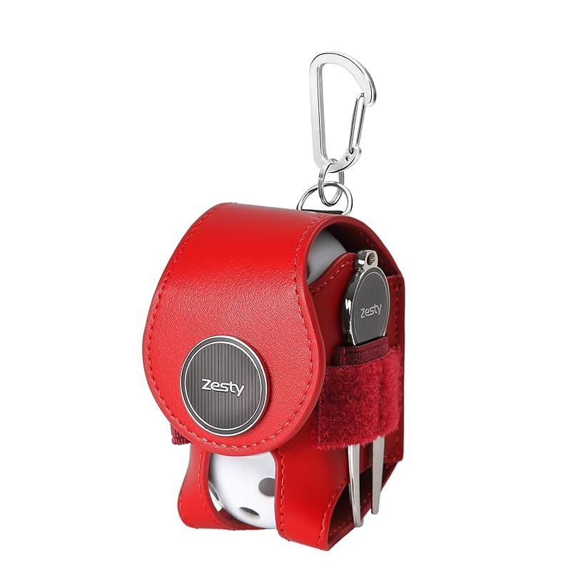 Zesty ゴルフボールケース 2 機能性にこだわるプレイヤーのゴルフ ボールポーチ グリーンフォーク マーカー (レッド， 左腰装着タイプ)