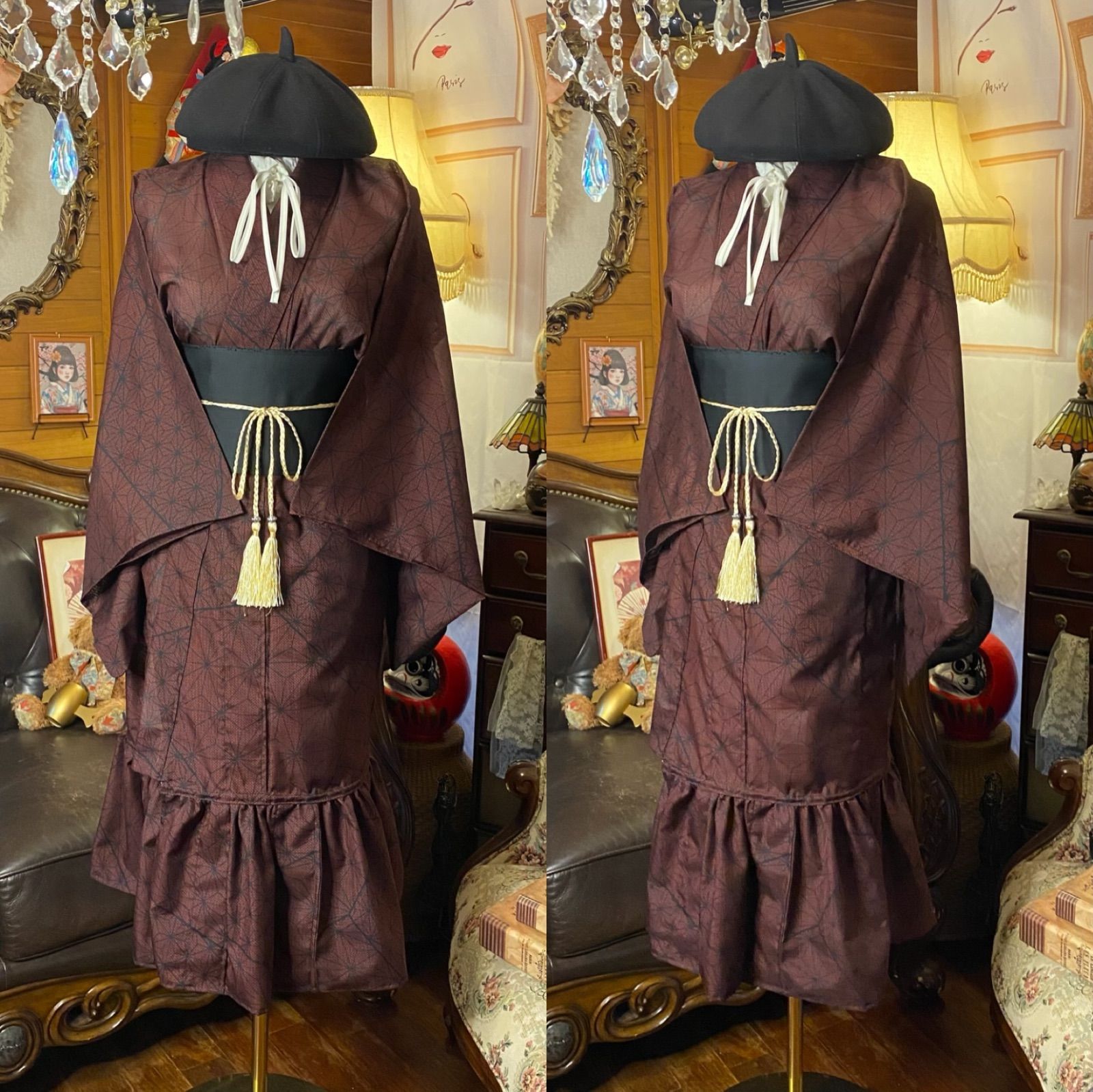 夏着物 2way ガウン 羽織り ドレス ワンピース ハンドメイド 和洋折衷 洗える 化繊 リメイク 帯サッシュベルト レトロ 古着 深い煉瓦色の地に 墨色で描いた大小の麻の葉がふわりと連なる幾何 深い煉瓦色の地に 墨色で描いた大小の麻の葉 KD-59