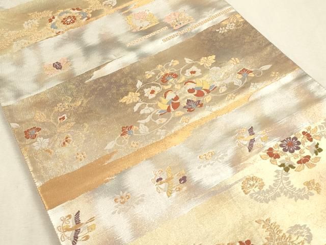 平和屋着物◎六通柄袋帯 みかげ錦 霞鴛鴦文 花兎 金銀糸 正絹 逸品