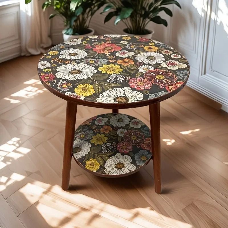 ブラウン 円形テーブル 花模様 花柄のサイドテーブル サイドテーブル エンドテーブル 花柄テーブル 花