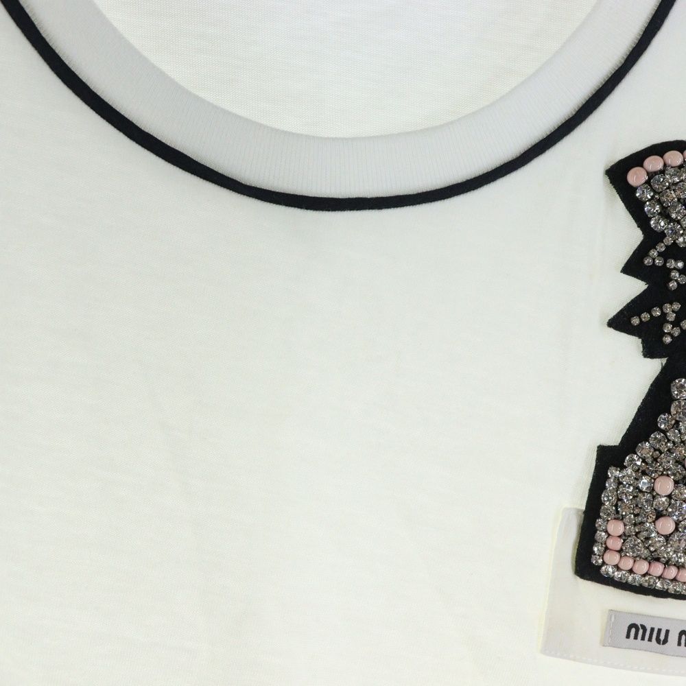  miumiu ミュウミュウ 17 SS ラインストーン 電話モチーフ ワッペンロゴ パイピングデザイン クルーネック 半袖Tシャツ カットソー ホワイト レディース MJM 991 半袖(Tシャツ) Tシャツ カットソー
