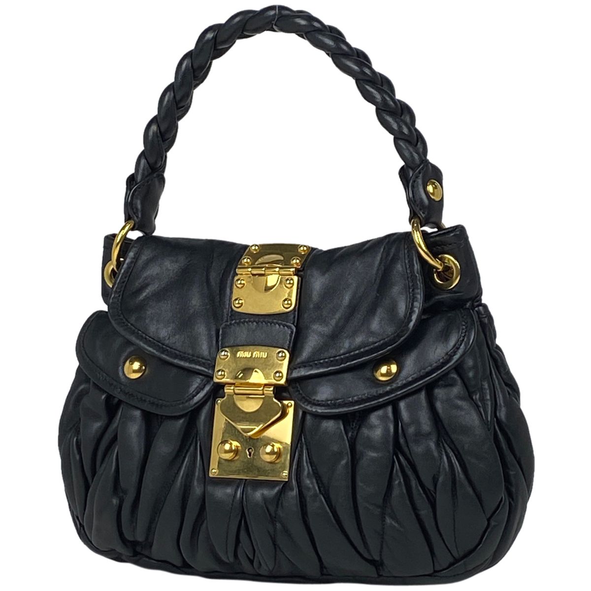 miu miu 黒 レザー バッグ ショルダーストラップ付き