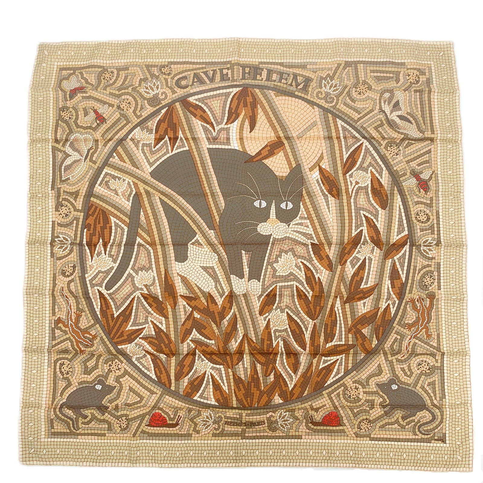 極美品 HERMES エルメス カレ90 CAVE FELEM 猫に注意 ベージュ