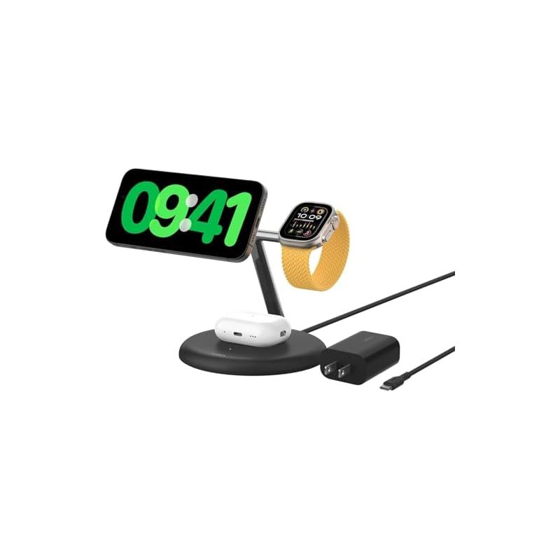 Belkin Qi2 3-in-1 Qi2ワイヤレス充電スタンド Qi2公式認証 MagSafe対応 iPhone 16 15 14 13 12 Qi2対応スマートフォン 最大15W高速充電 AirPods ワイヤレス充電対応イヤホン 5W充電 App 0
