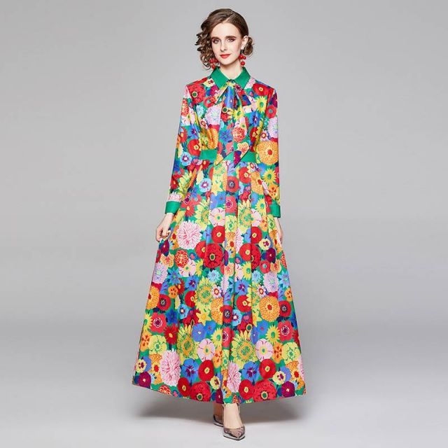 ワンピース プリーツスカート フレアワンピース ワンピドレス 膝下 ロング ロング丈 マキシ マキシ丈 9分丈 アンクル丈 袖あり 長袖 襟付き スタンドカラー フレア リボン ベルト ウエストマーク 前開き 大人可愛い きれいめ 大人 おしゃれ お洒落 レトロ アジアン 大人女子 ワンピース プリーツスカート フレアワンピース ワンピドレス 膝下