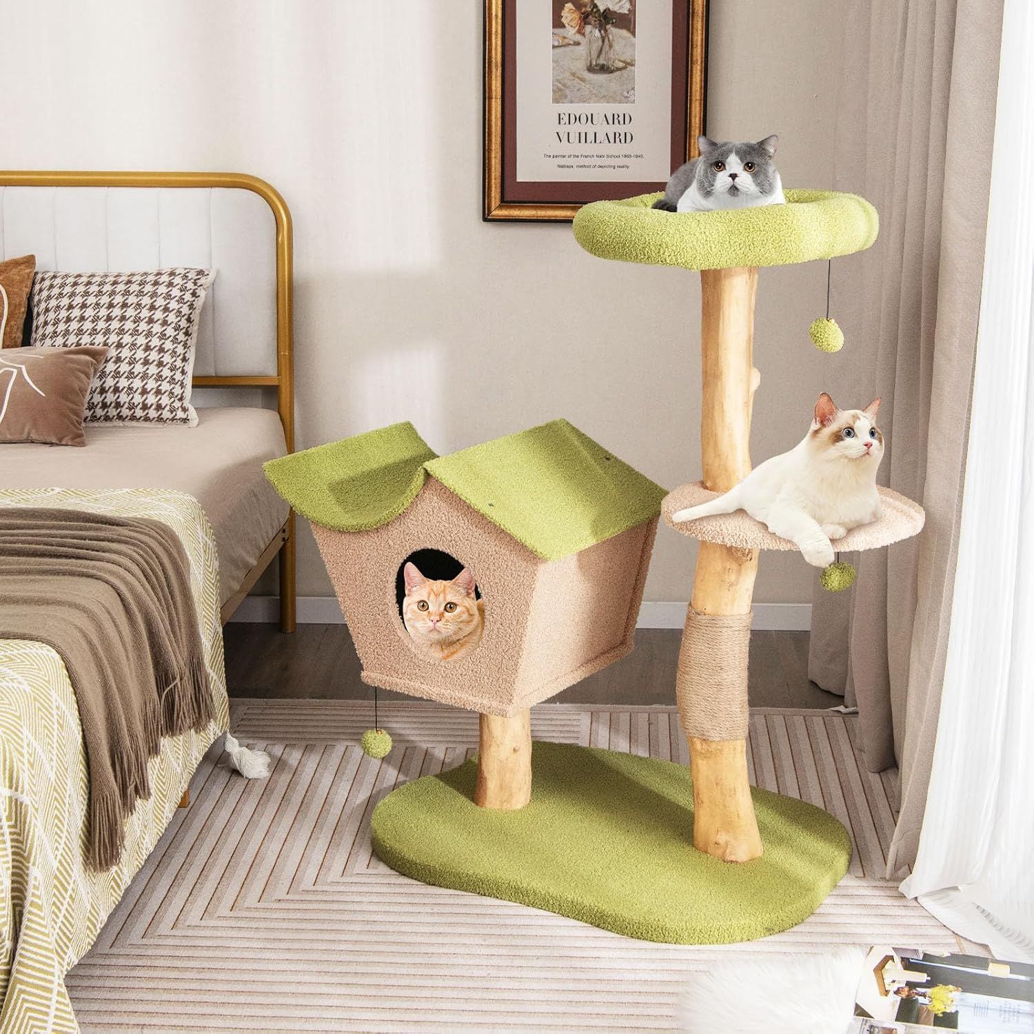 BestBuy キャットタワー 高さ110cm 木製 ネコタワー 猫ハウス 多頭飼い 据え置き ポンポン玉付き 猫部屋 猫タワー 猫ハウス 爪とぎ 爪磨き 爪研ぎ 安定 運動不足解消 猫おもちゃ 猫の遊び場 猫用品 ペット用品