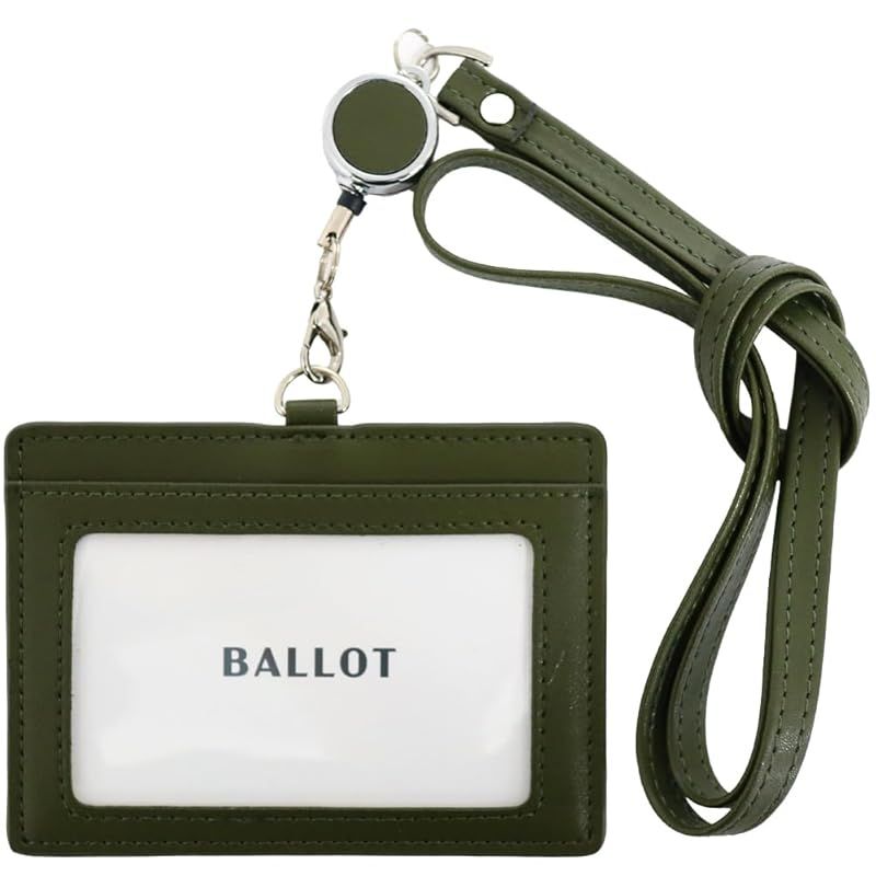 BALLOT [スーッと伸び?る] 本革 IDカードホルダー ネームホルダー 横型 パスケース ネックストラップ 伸縮リール付き (オリーブグリーン) 0