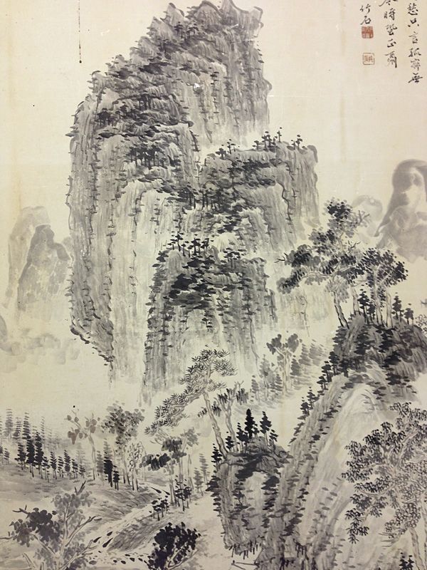 長町竹石 水墨山水画 山館新秋 大幅 78.2cm 再表装済 新品一文字仕立