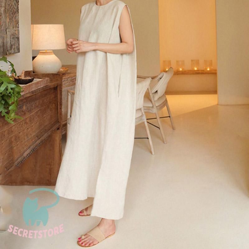【美品】ビアズリー リネンコットン ノースリーブ ロングワンピース Aライン 美品】ビアズリー リネンコットン ノースリーブ ロング