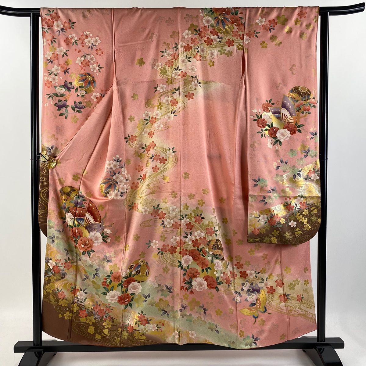 振袖 身丈155cm 裄丈63cm S 袷 蝶 桜 金糸 金銀彩 サーモン