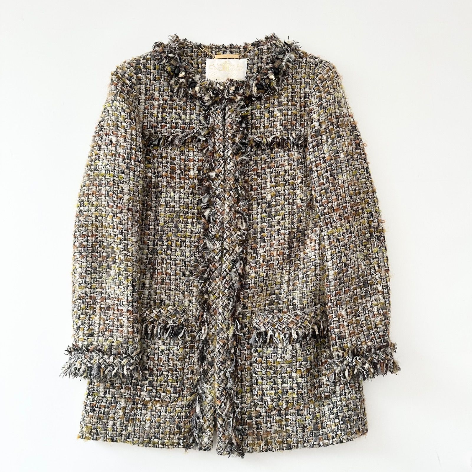 人気 グレースコンチネンタル グレースクラス ビジュー ジュールトゥルニエ ツイード ジャケット 36 カーキ