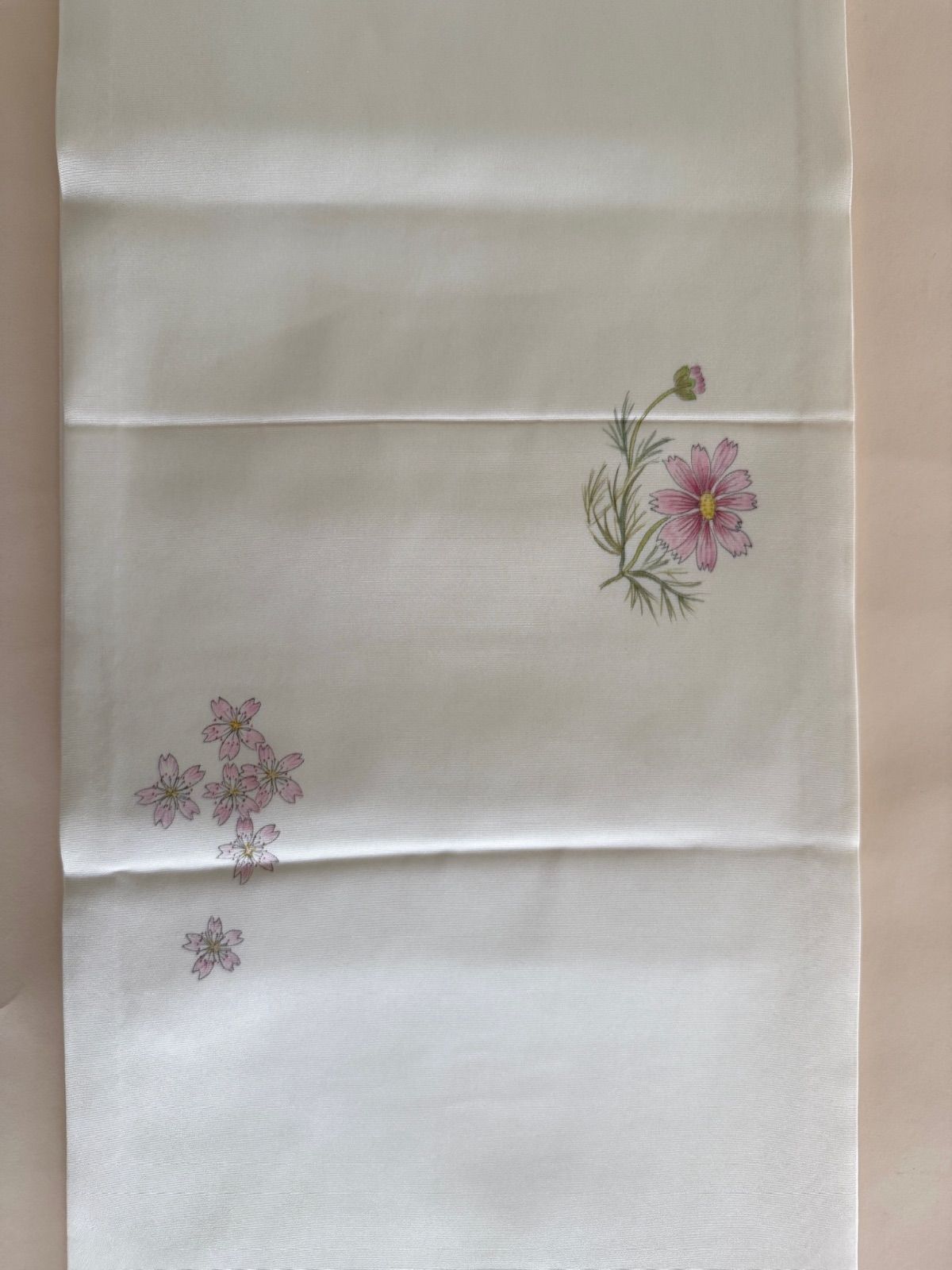 塩瀬 長尺名古屋帯 染め】季節の花 白地ポイント柄 着物 春夏秋冬