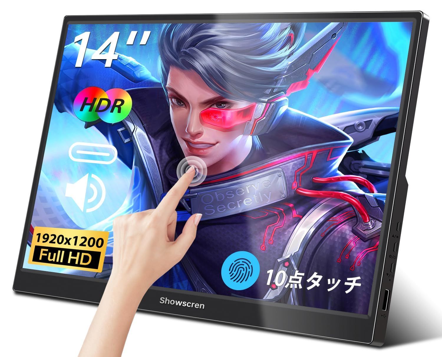 【新着商品】Showscrenポータブルディスプレイタッチスクリーン、14インチ1920 x 1200ディスプレイ、HDMI USB C、IPS画面、100%sRGB、スタンドと内蔵スピーカー、ノートパソコン/携帯電話//PC/Mac/スイ