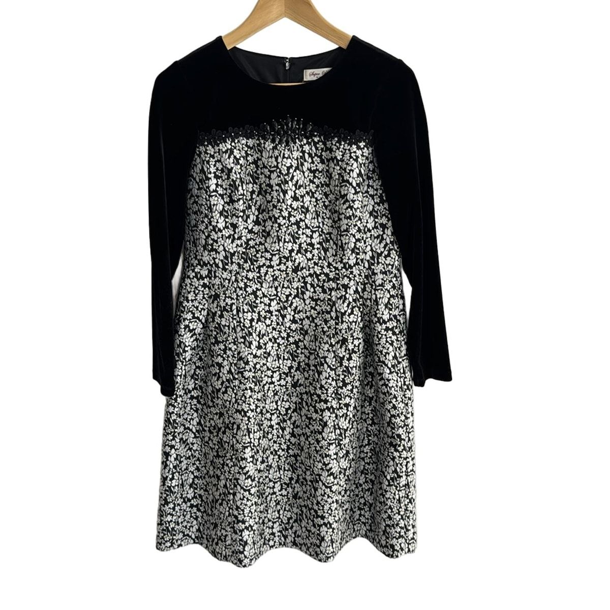 スーパービューティー ワンピース サイズ42 L レディース - 黒×白×イエロー クルーネック 長袖 ひざ丈 ベロア 花柄 レース ビーズ