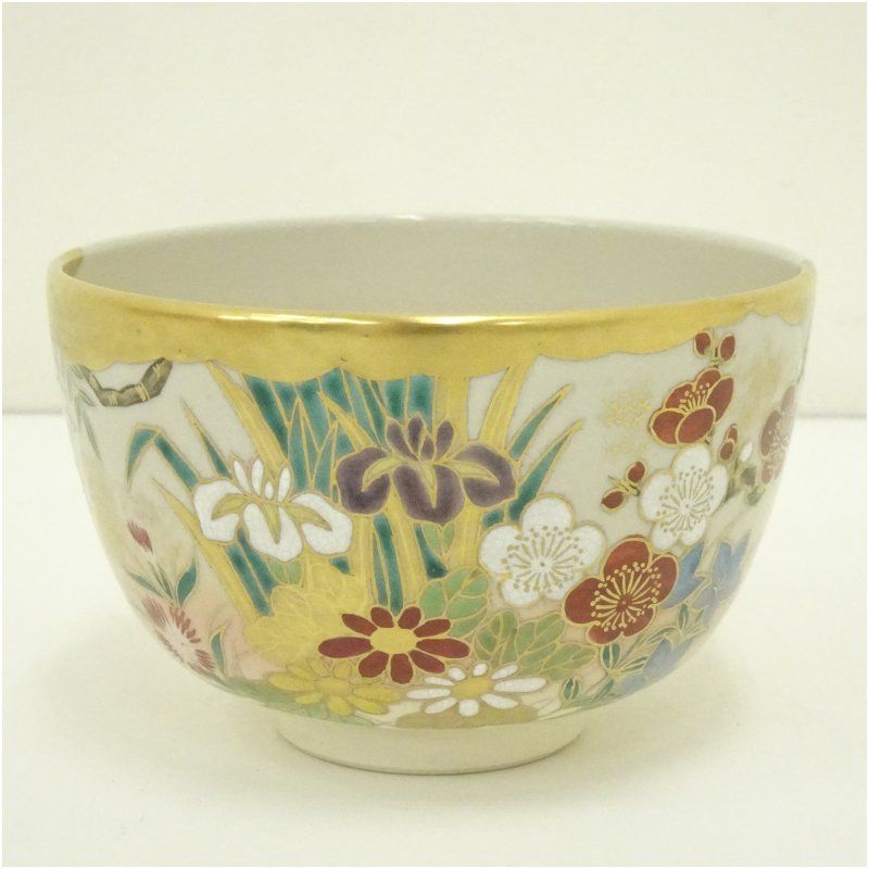 京焼 橋本紫雲造 色絵霞草花文茶碗（共箱） 茶道 抹茶 おしゃれ