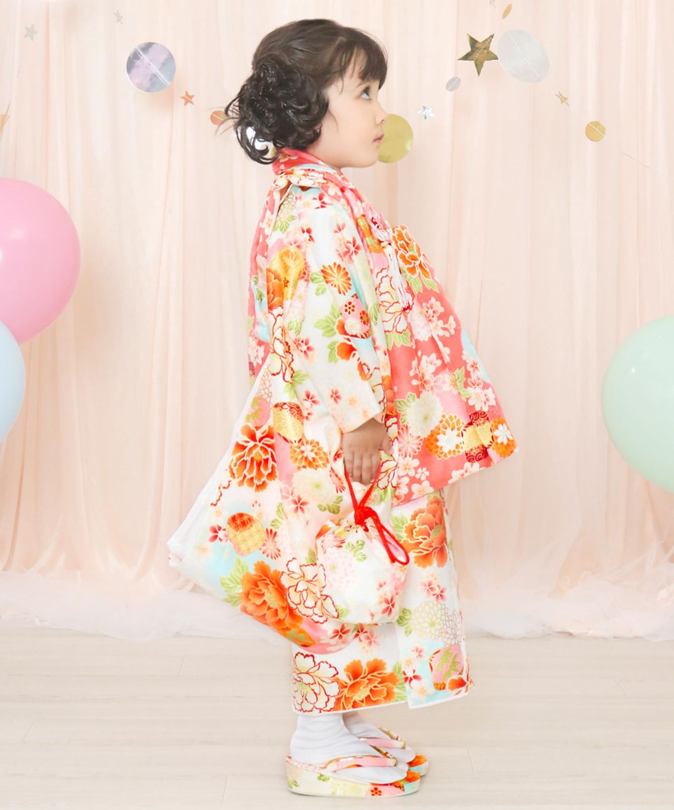 KYOETSU キョウエツ 着物セット 七五三用 3歳用 被布セット 華やかA 9点セット 柄被布 柄着物 伊達衿 長襦袢 髪飾り 巾着 草履 腰紐 足袋 ガールズ 7.幻想花舞