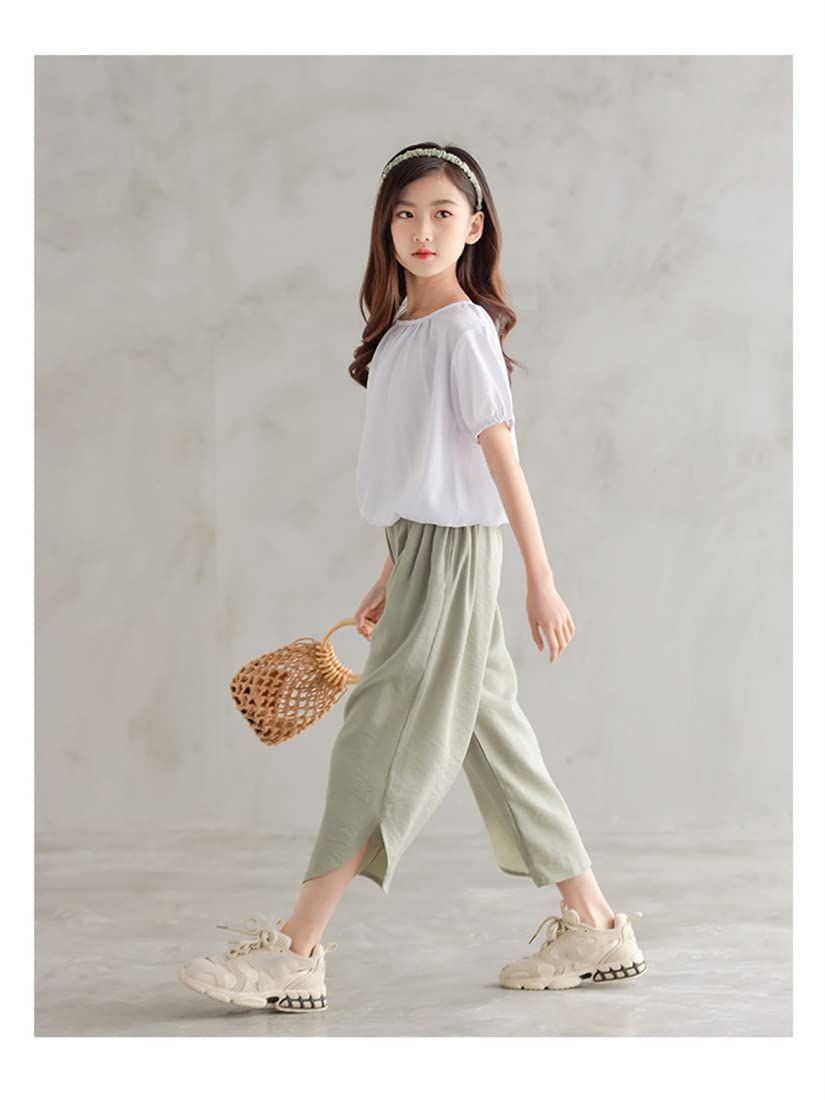 数量 Tシャツ ルームウェア 洋服 ガールズ キッズ服 夏服 トップス ストレートパンツ 半袖 ゆったり ワイドパンツ 普段着 2点セットアップ 通園 通学 子供服 パフスリーブ 女の子 カジュアル 上下セット 旅行 海遊び CREAM 夏