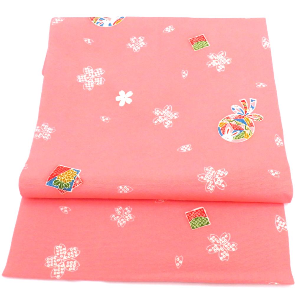 名古屋帯 正絹 縮緬生地 型染め ピンク 白 多色 桜 毬 うさぎ 九寸