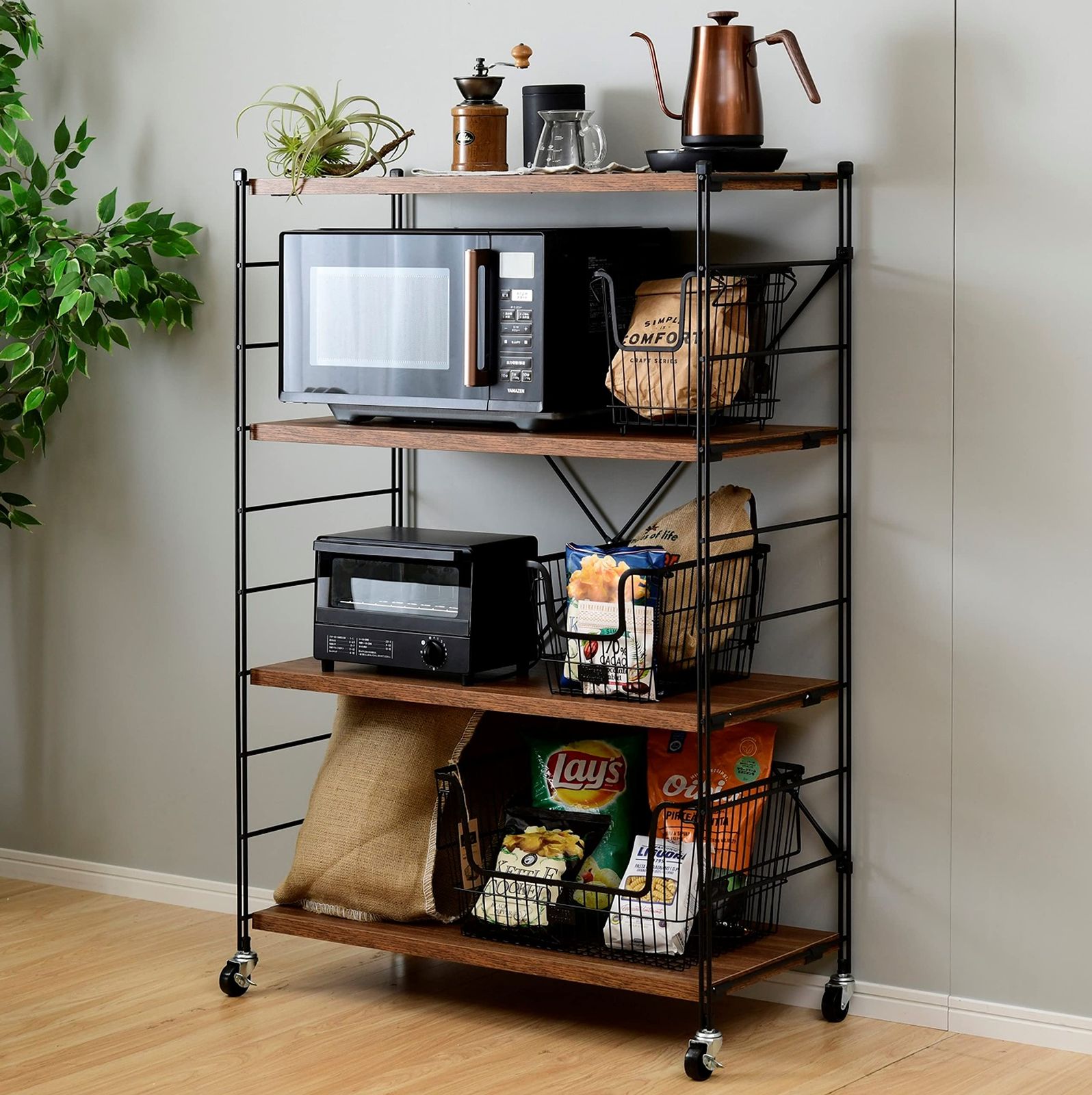 山善 YAMAZEN ラック キャスター付き 全体耐荷重100㎏ 棚板カンタン高さ調節 幅86×奥行41.5×高さ128㎝ 組立品 ブライトブラウン MWS-12844C BBR SBK