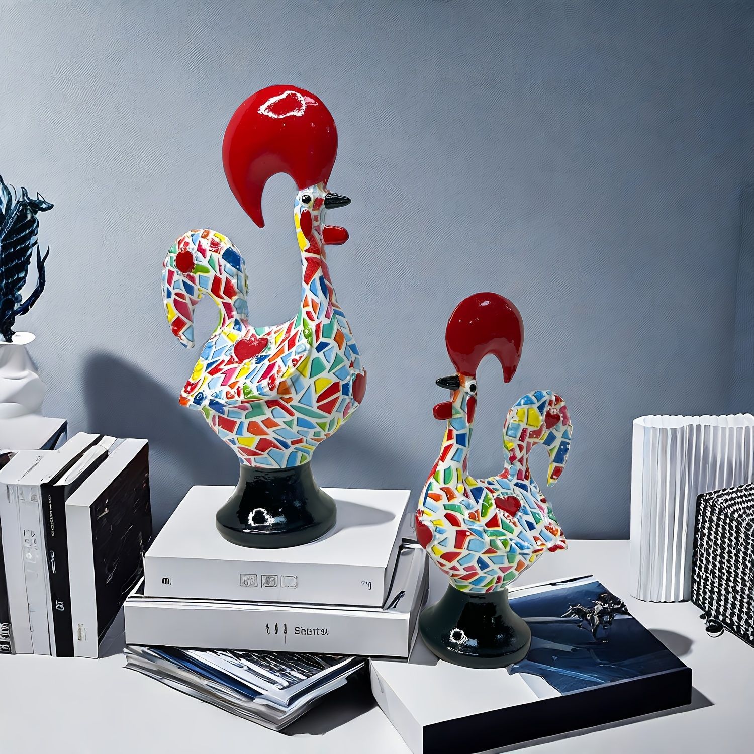 オブジェ 置物 2羽のニワトリ 鶏 カラフル ガーデンオーナメント インテリア オシャレ 可愛い インテリア雑貨 室内 寝室 玄関 アニマルオブジェ 庭 ガーデニング プレゼント ギフト