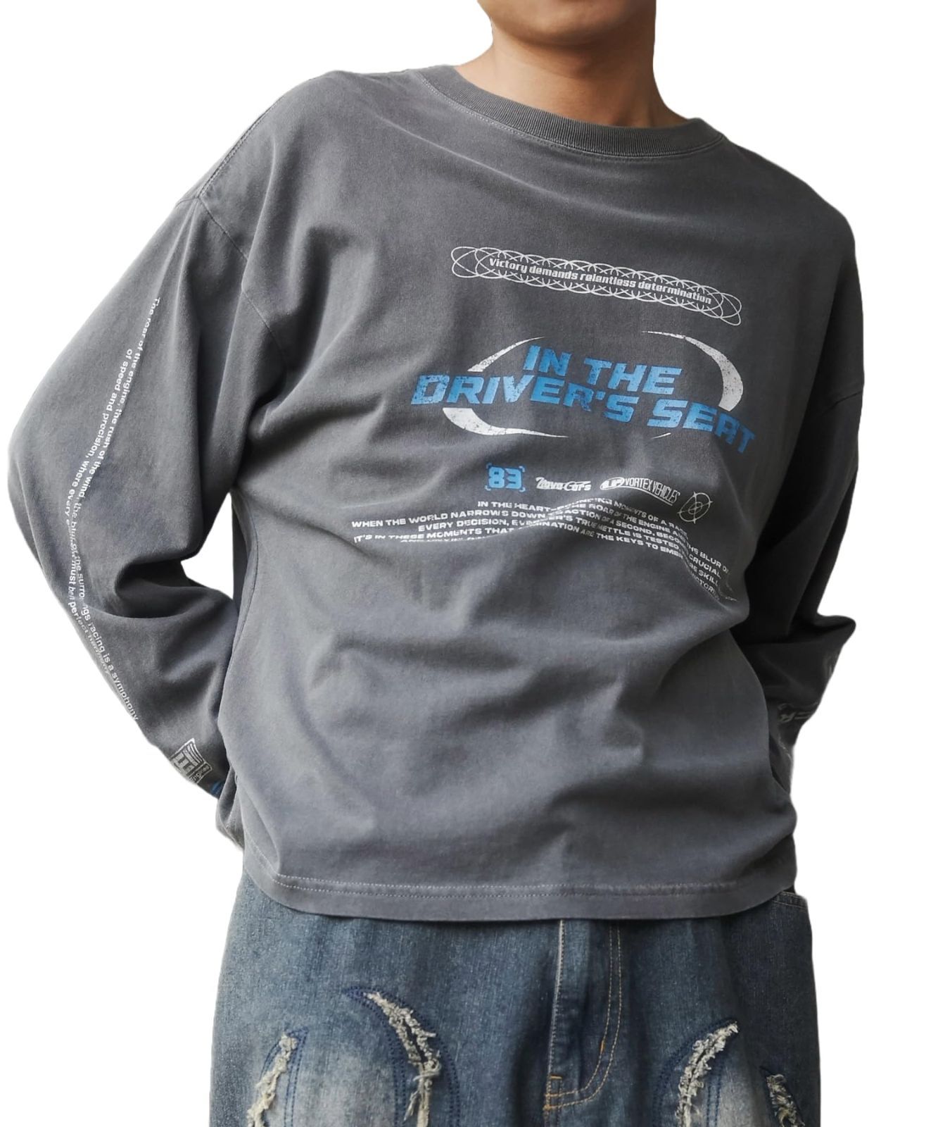 Size:L_Color:ピグメントスリーブロゴ：柄1 [ウィゴー] 男女兼用 Tシャツ 長袖 メンズ ロンT 長袖Ｔシャツ ビッグＴシャツ デザイン 韓国 ストリート カジュアル ゆったり 服 トップス 秋服 冬服 