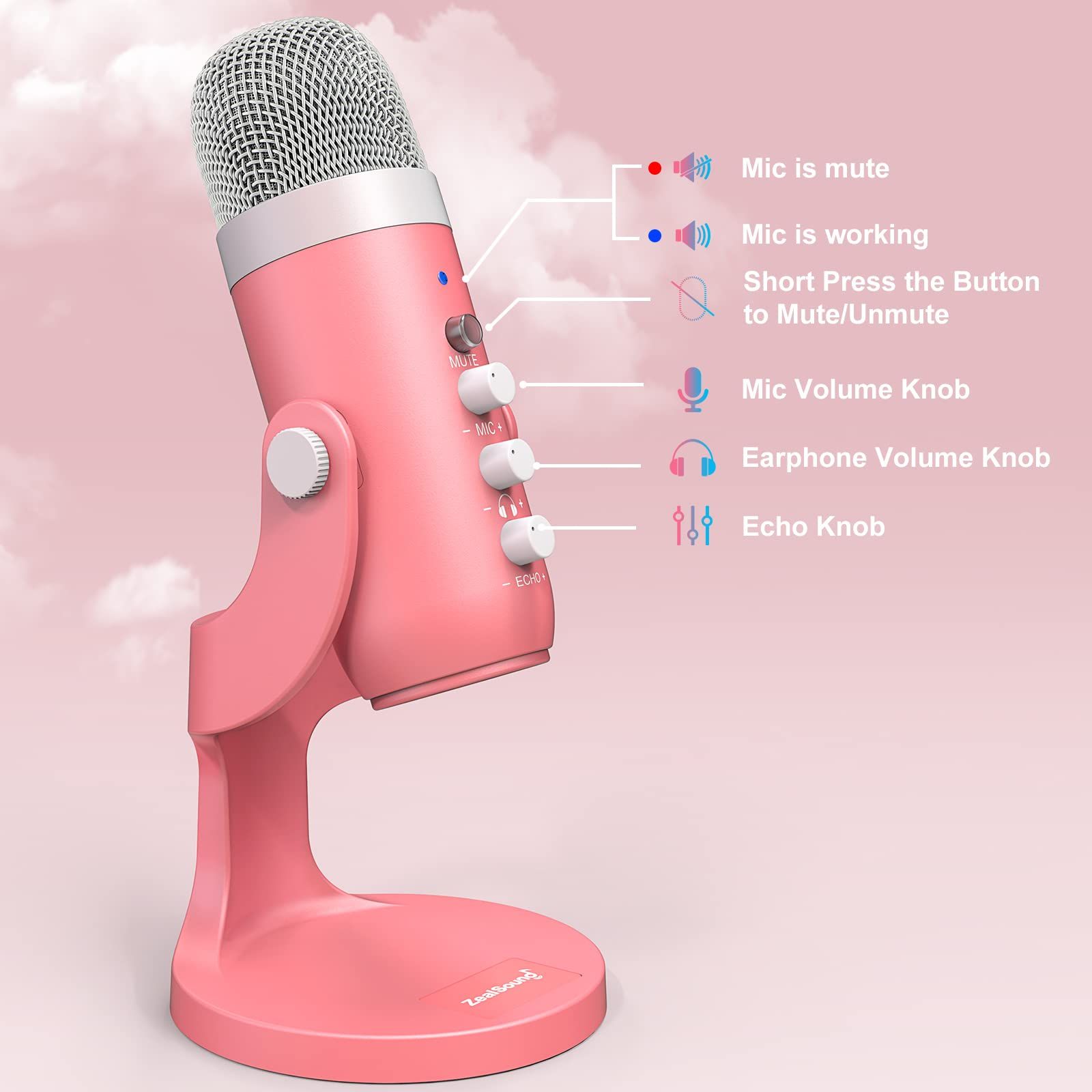 新品】かわいいピンクのハート型コンデンサーマイク｜USB 卓上