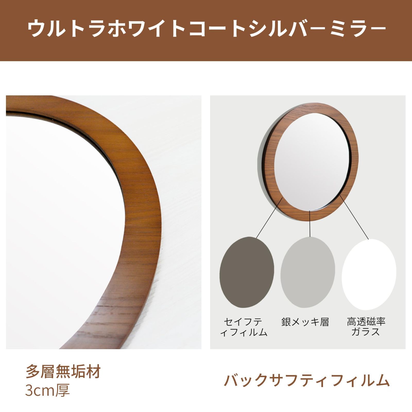 壁掛けミラー 天然木フレーム 丸型ミラー 玄関 洗面所 ☆壁掛けミラー