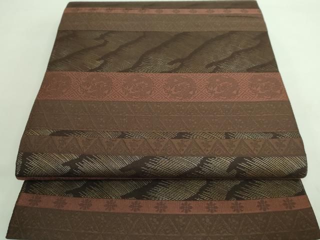 しゃれ袋帯　(横段 幾何学紋様　長尺全通柄　未使用　焦茶色系) しゃれ袋帯 (横段 幾何学紋様 長尺全通柄 未使用 焦茶色